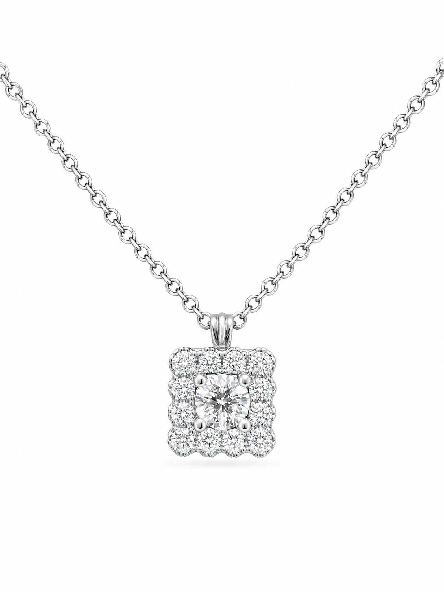 Square halo diamond pendant with chain by Memoire Jewellery