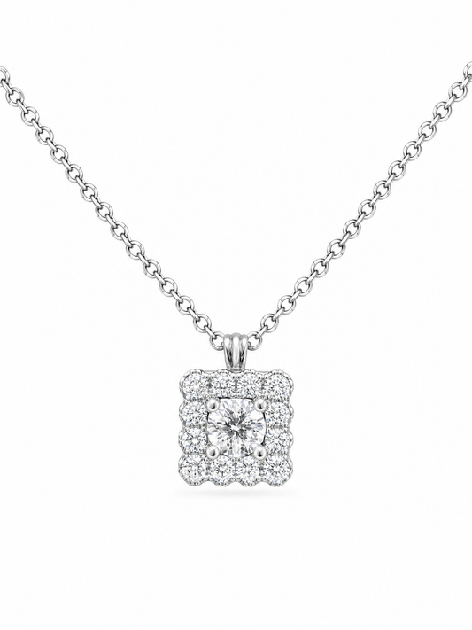 Square halo diamond pendant with chain by Memoire Jewellery